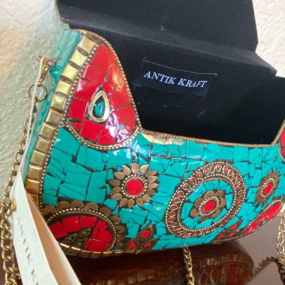 Antik Kraft Metal Convertible Turquoise Purse Mosaic Tiles Gold chain NWT - Picture 5 of 14